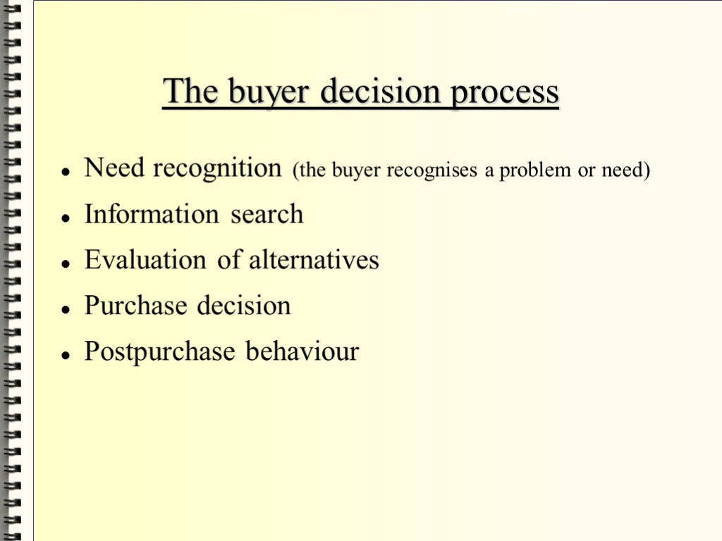 The buyer decision process Need recognition (the buyer recognises a problem or need)‏ Information